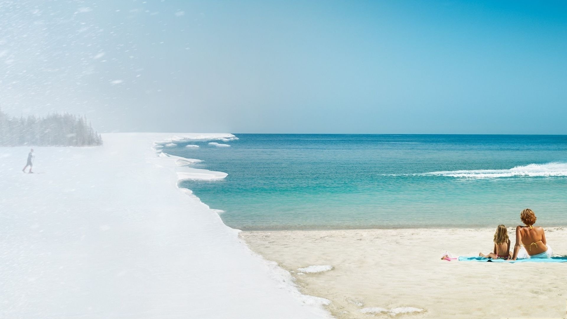 ozean sommer urlauber kälte winter skifahrer sand hitze schnee meer horizont menschen urlaub strand ufer fantasie