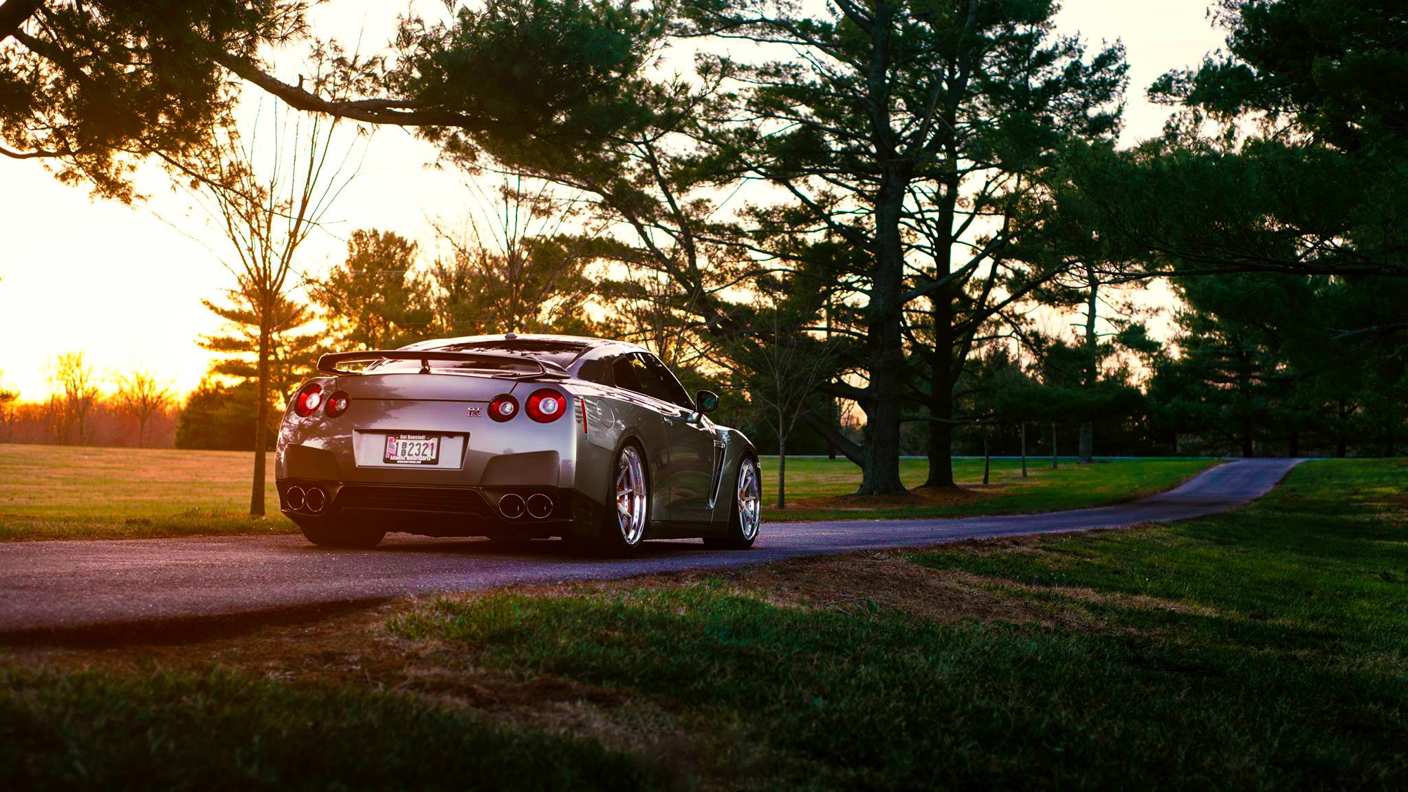 nissan r35 gt-r sommer straße gras sonne hinten zurück