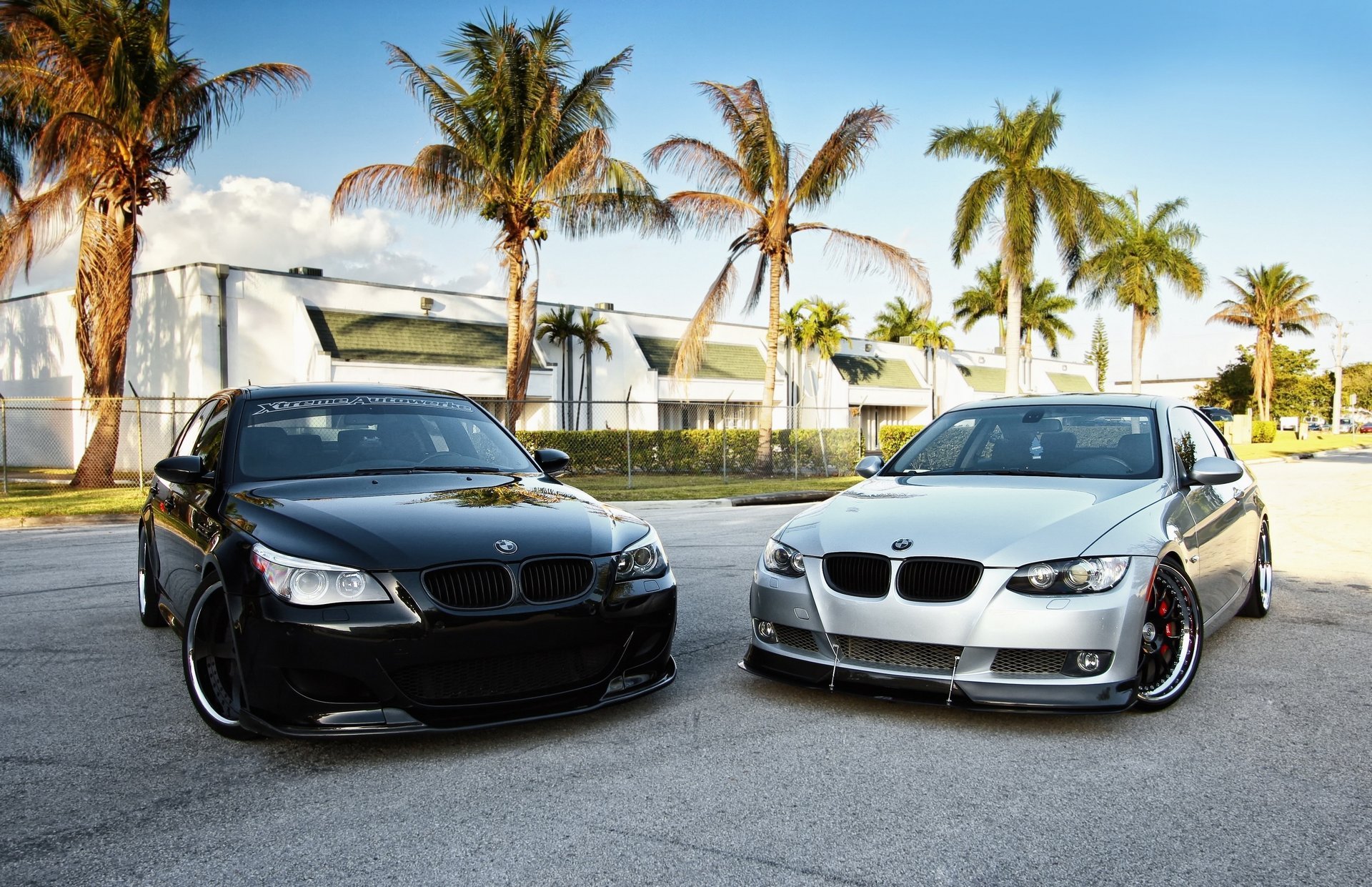 bmw ciel palmiers tuning deux route aswalt bmw auto noir blanc fond voitures transport véhicules