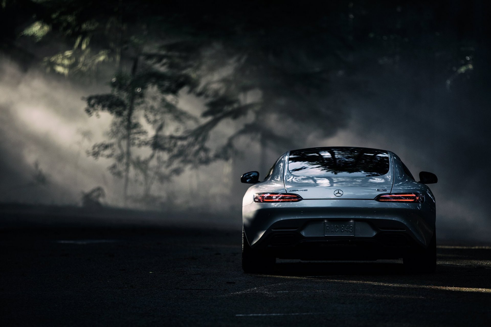 mercedes-benz amg gt s 2016 argent couleur soleil sombre forêt arrière