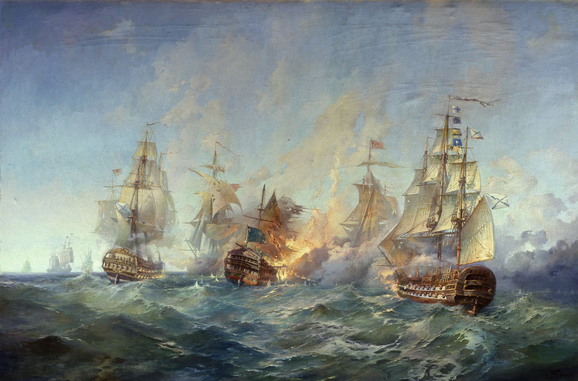 blinkov batalla de la isla de tendra 28-29 agosto 1790 g pintura barcos fuego agua mar cielo veleros