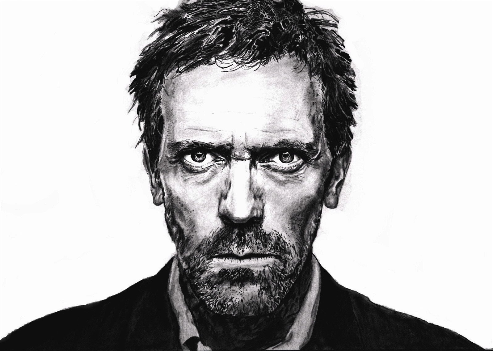 portrait hugh laurie acteur dr house dessin acteurs de cinéma vue fond blanc yeux visage