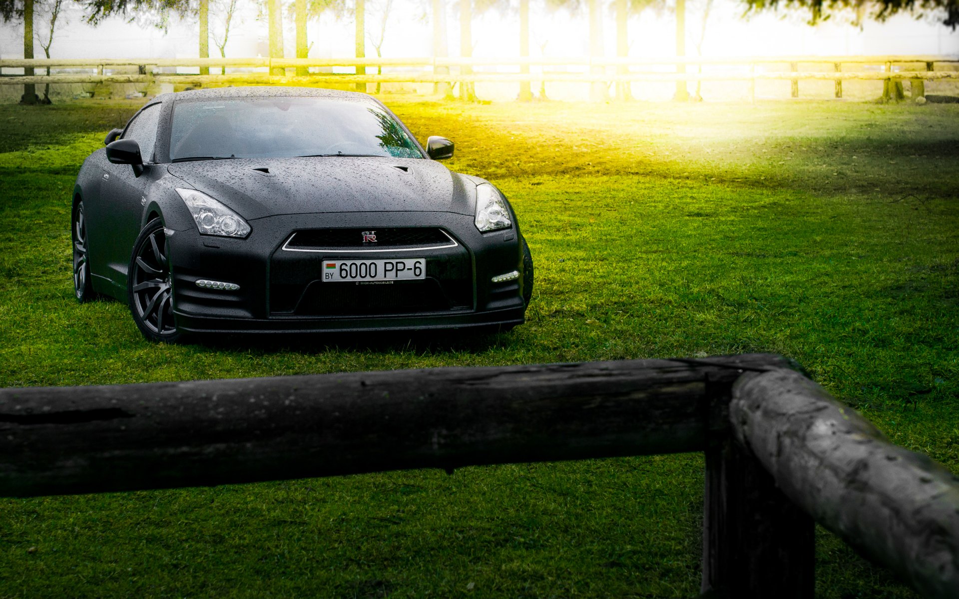 nissan gtr r35 matte black japan sport car farm forest summer sun front