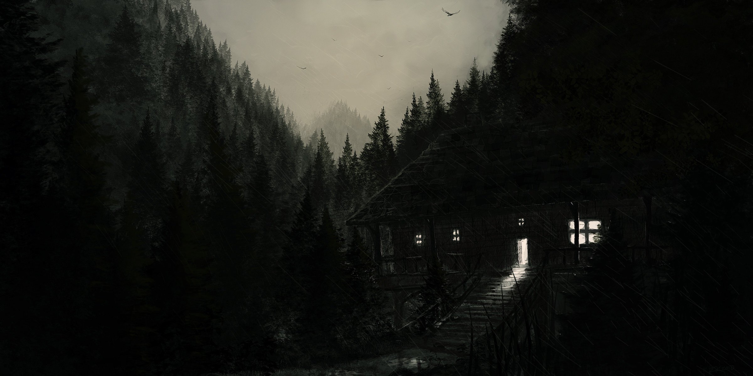 forest des pines rain light black house darkness grayness sky clouds birds windows house bridge fear