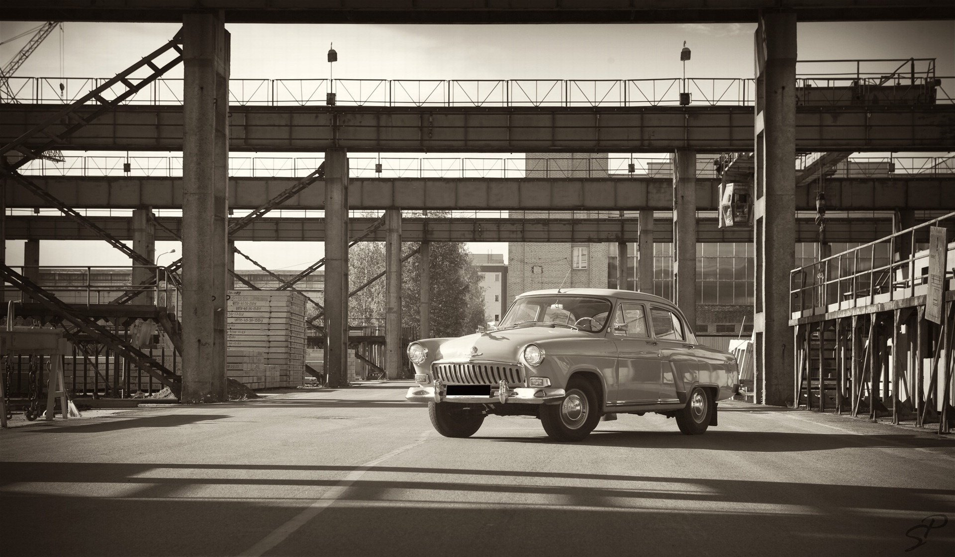 gas factory wallpaper retro volga car road aswalt auto black and white rarity old car passenger cars transport black and white motor transport