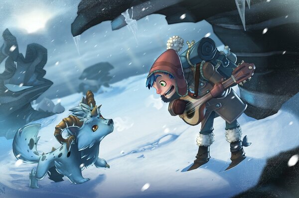 A horned fox cub and a boy with a brynchalka in the snow