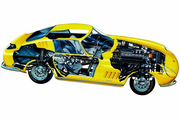 Ferrari jaune avec pièces de moteur