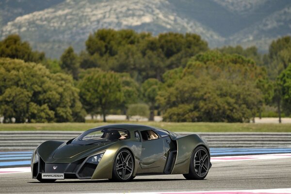 A swamp-colored sports car on the road