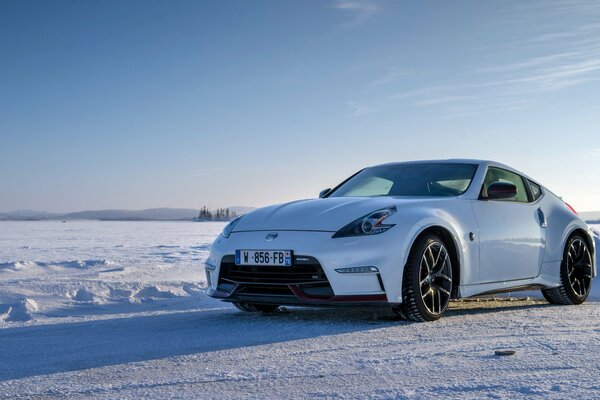 Nissan white on a snowy background