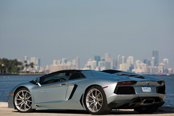 Lamborghini aventador lp700-4 in Stahlfarbe am See vor dem Hintergrund von Wolkenkratzern