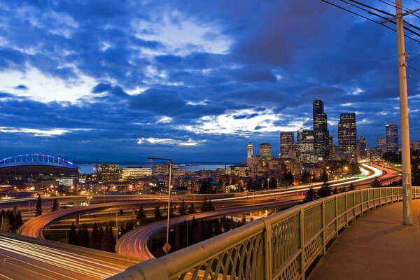 A beautiful city at white night with interchanges of roads