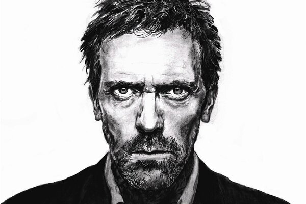 Portrait noir du Dr House sur fond blanc