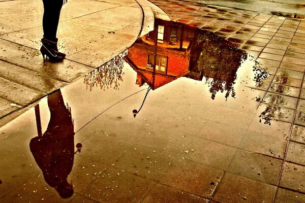 Reflection of a house in a city puddle