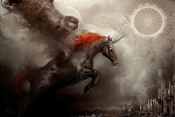 A unicorn with a red mane is flying towards the city