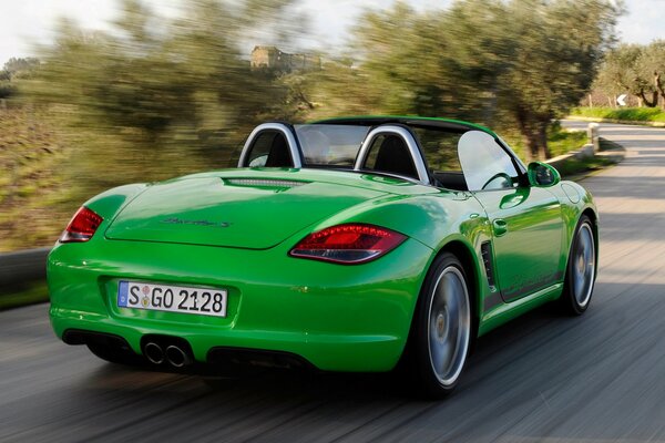 Porsche boxster a toda velocidad entre los árboles