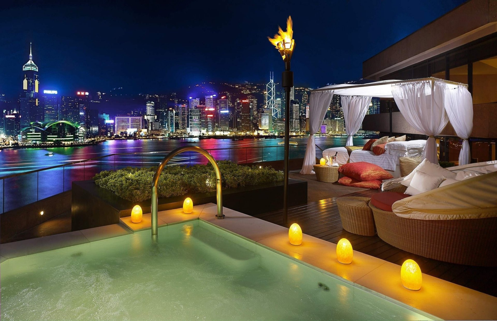 nature night terrace bed skyscrapers pool lanterns city buildings lights pool evening night sky city light