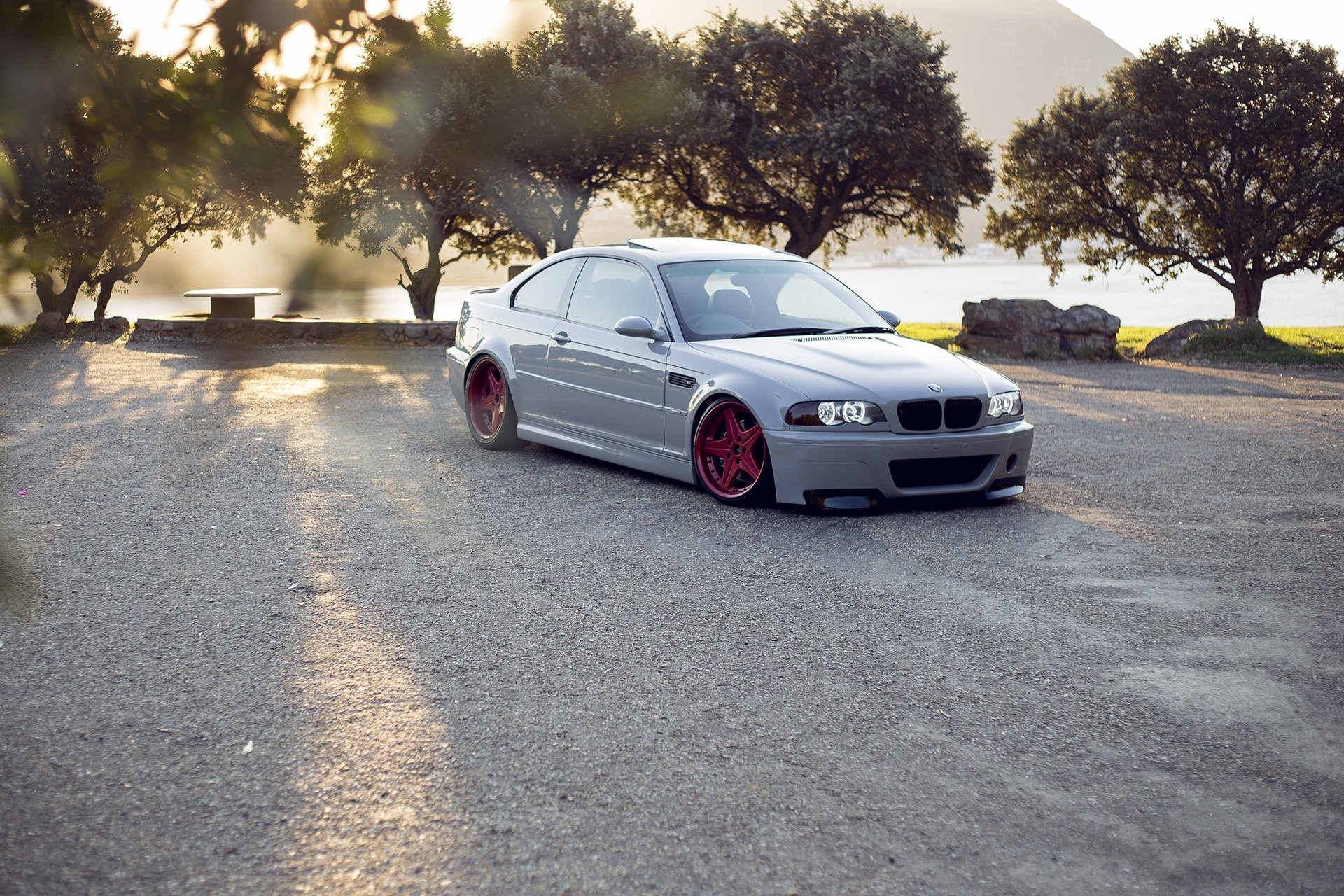 bmw m3 e46 blanco ruedas rojo bmw llantas árboles