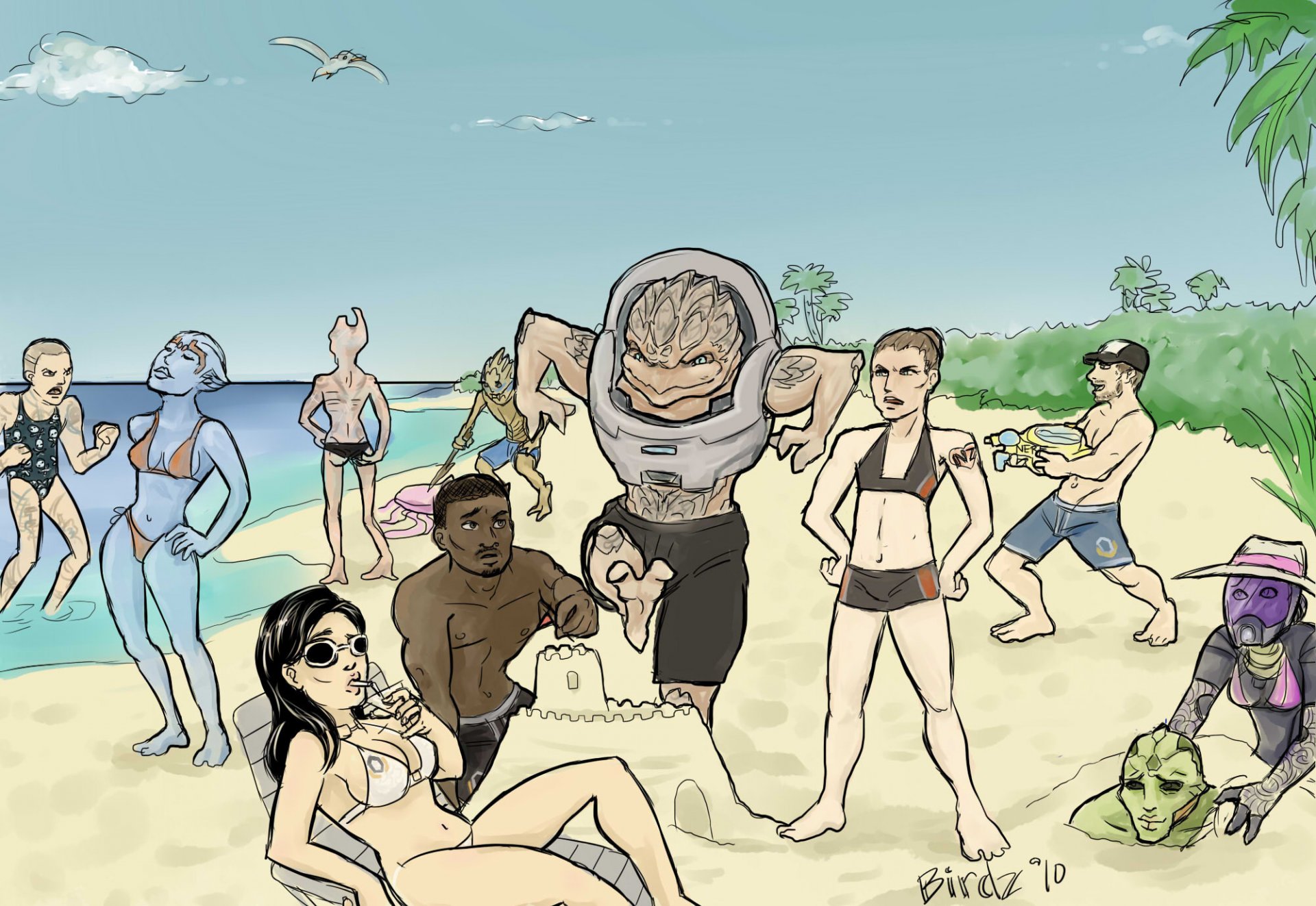 mass effect crew on vacation castello di sabbia mare mare sabbia sabbia squadra equipaggio spiaggia persone gabbiani abbronzatura verde costa nuvole disegni anime