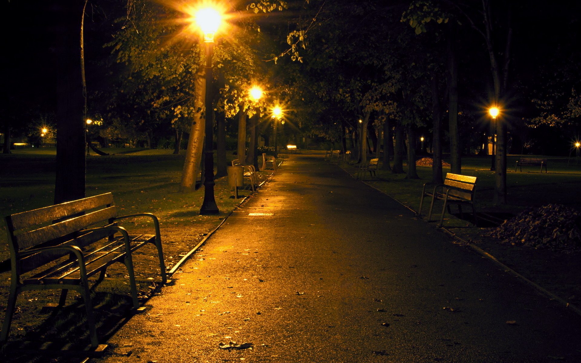 nacht bank park laterne gehweg romantik zu fuß abend new york city hintergrund alea laternen lichter lichter der städte