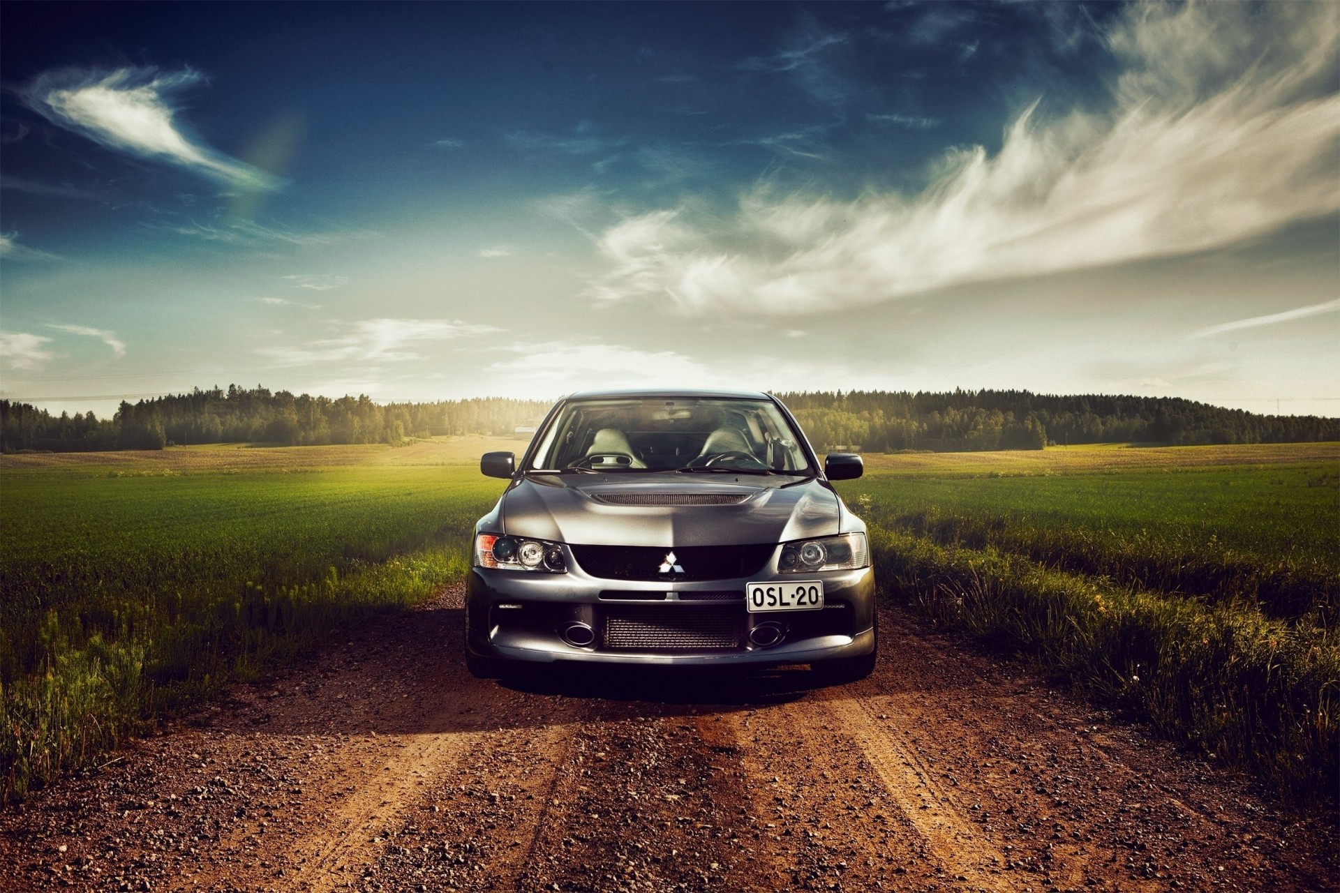 evolution schubkarre wolken bäume gras lichter himmel straße auto schwarz auto mitsubishi mitsubishi lancer