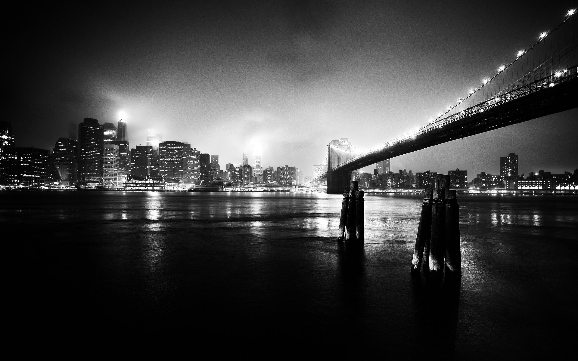 puente nueva york blanco y negro ciudad río agua noche luces luces de la ciudad