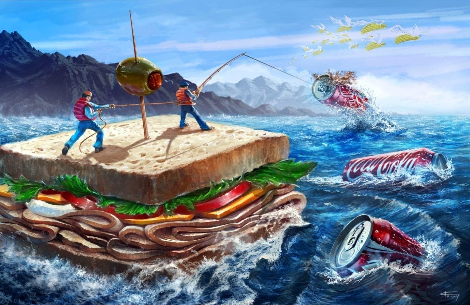 mer sandwich coca-cola maïs sandwich olive dessins vagues créatif gens pêche montagnes anime