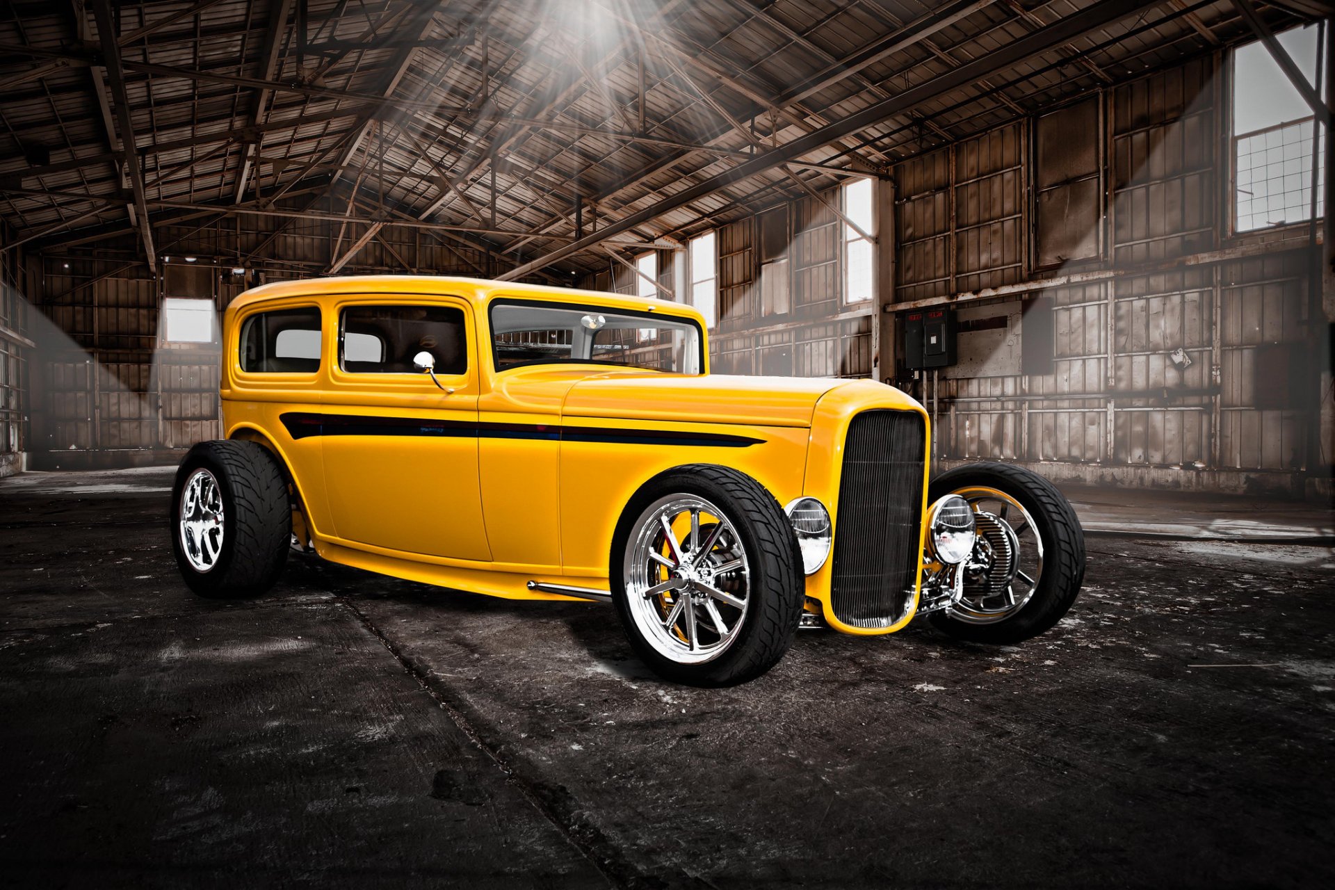 hot rod coche clásico amarillo clásico retro hangar