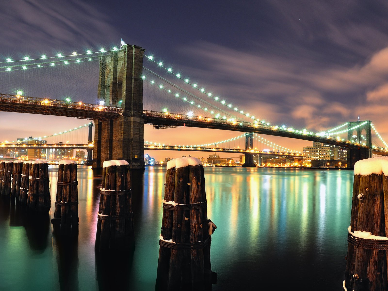 nch fogn new york pont ville rivière lumières planches fond coucher de soleil ciel nocturne nuit lumières de la ville