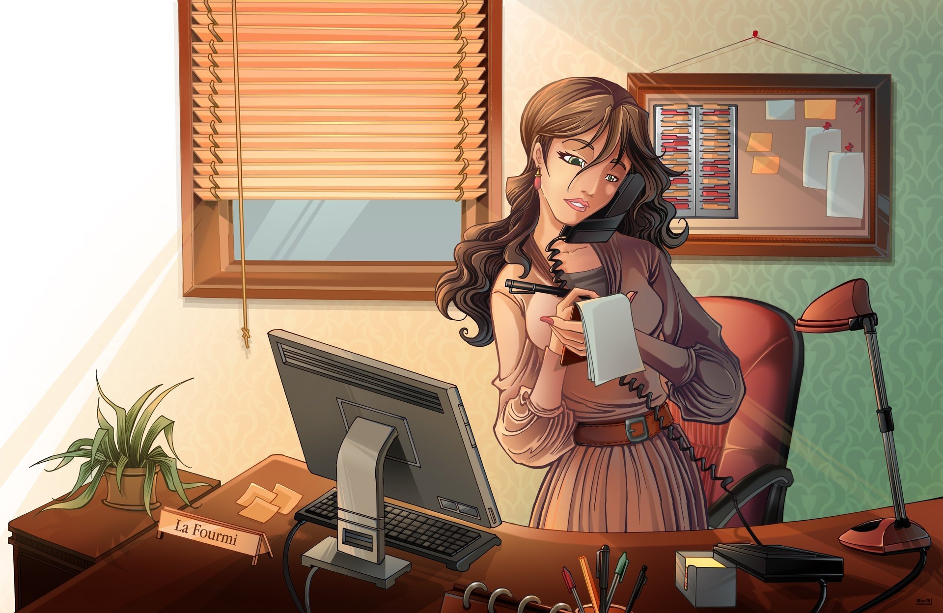 offise trabajo teléfono oficina lugar secretaria bloc de notas chica comp estudio ventana persianas pintura flor lámpara papelería suministros dibujos anime mujeres