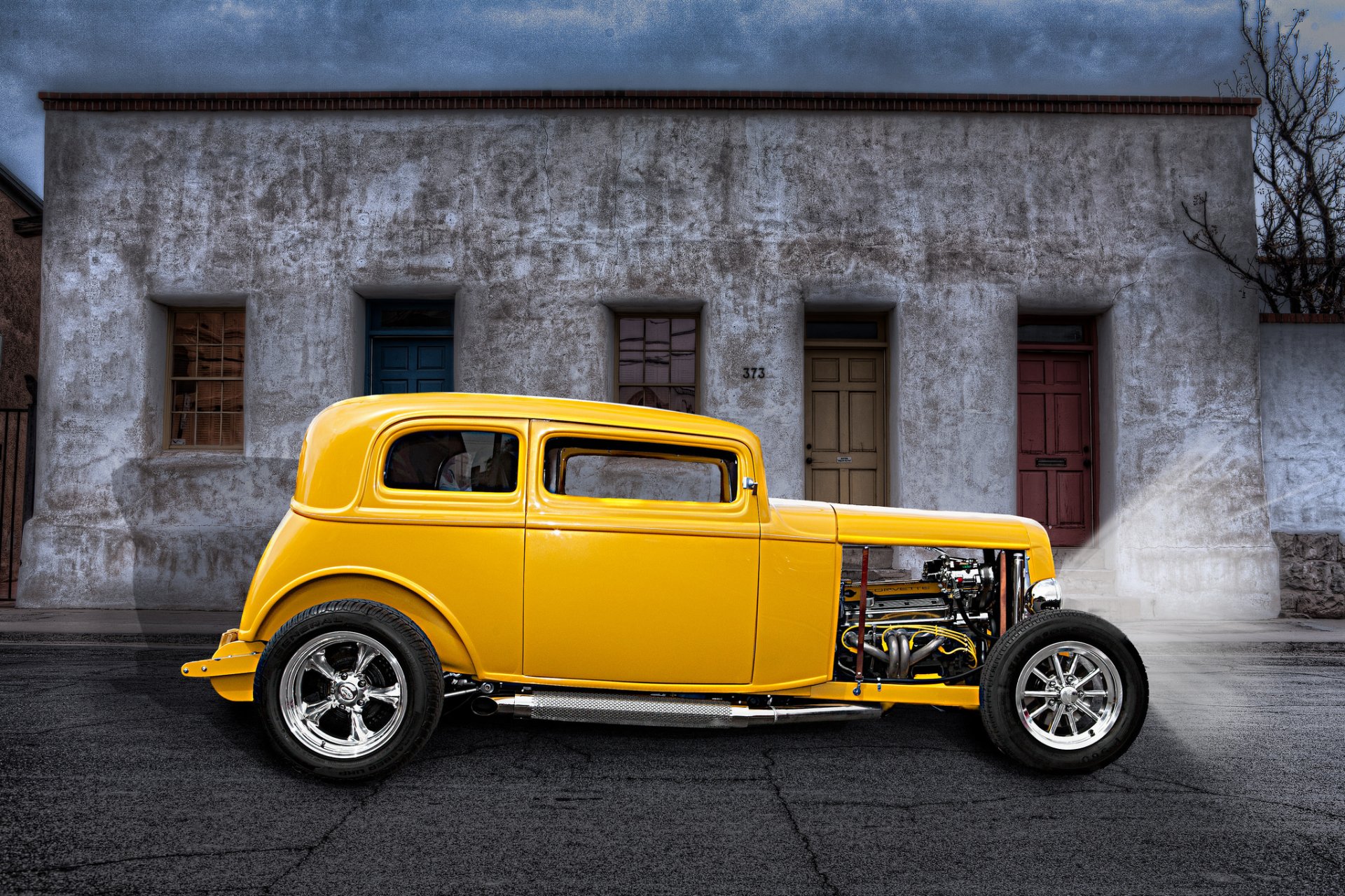 hot rod voiture classique jaune classique rétro rue