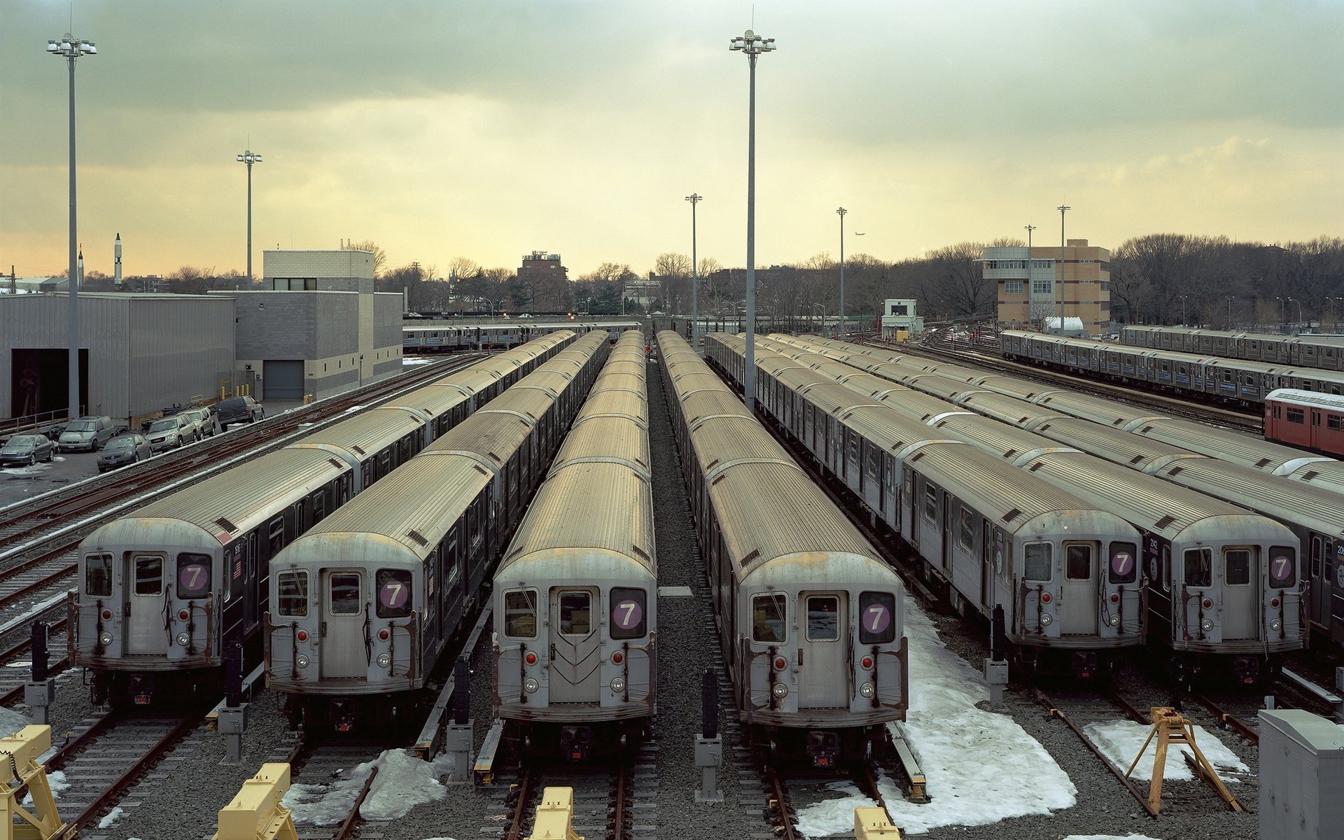 depot city metro rails station train wagon snow train station transport wagons sky