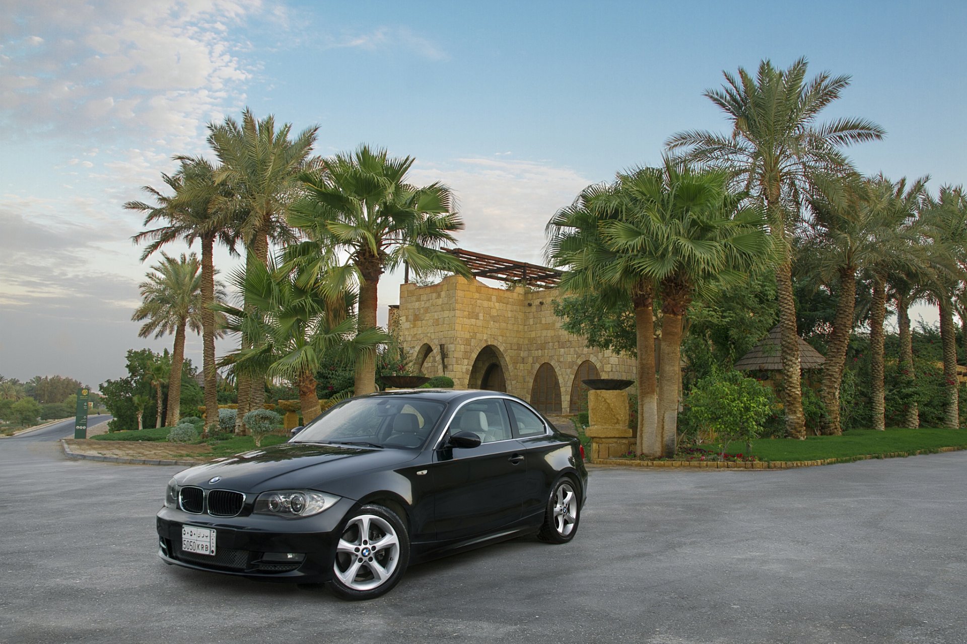 bmw 125i coche negro palmeras mansión