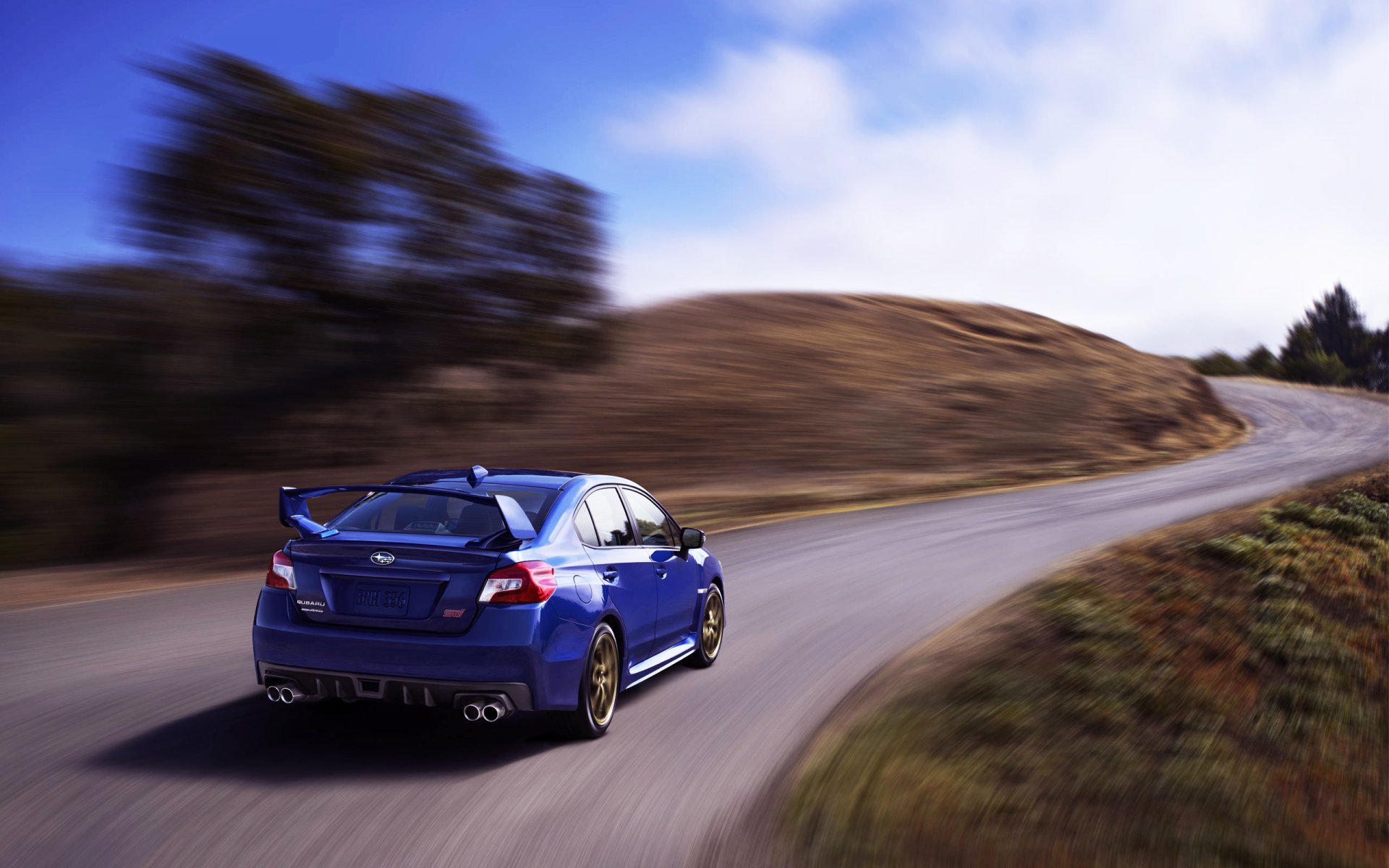 ubaru wrx sti auto car blue rear view road day subaru on the move