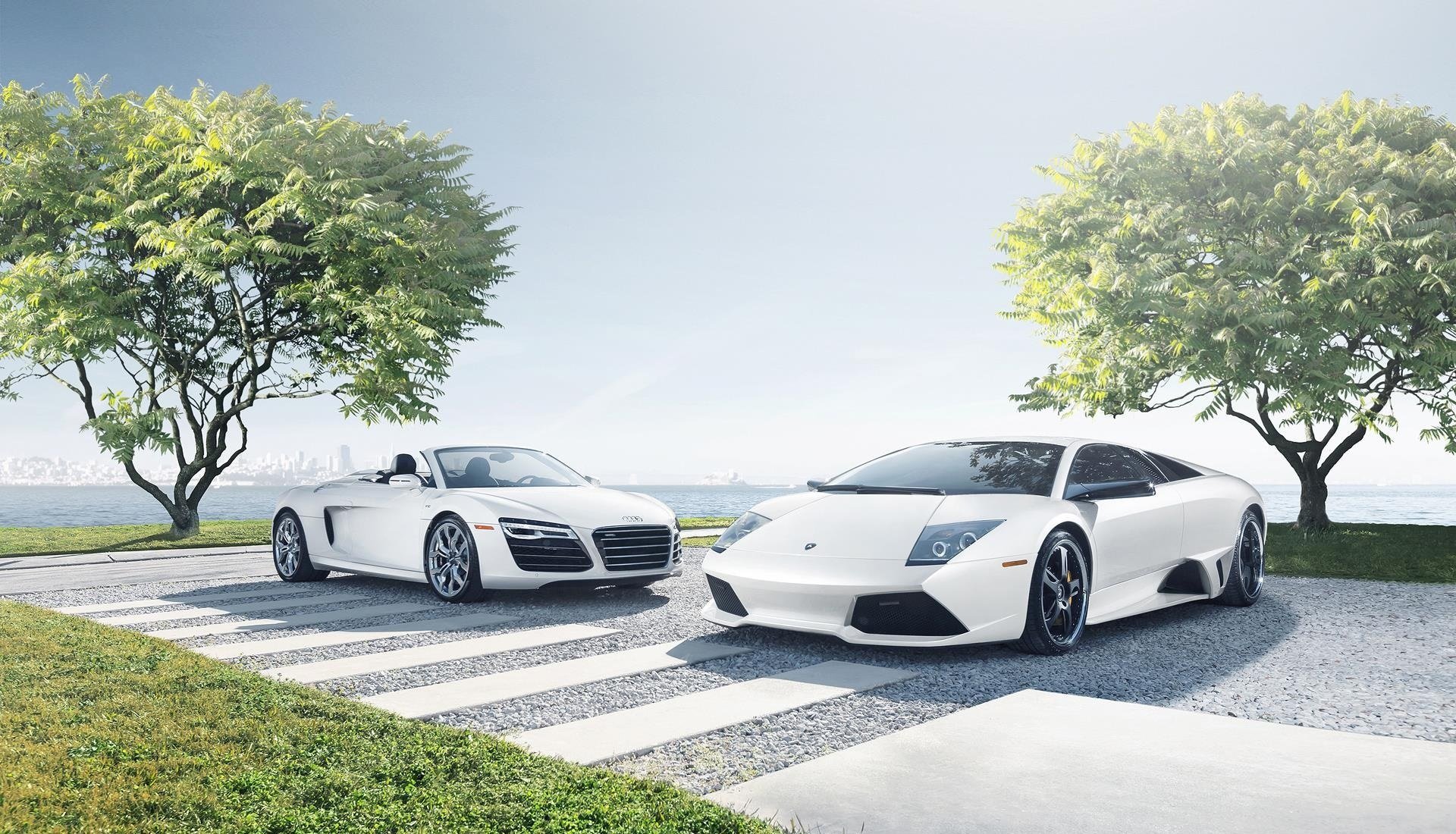 audi r8 spider lamborghini murcielago lp640-4 white supercars trees grass sky sun