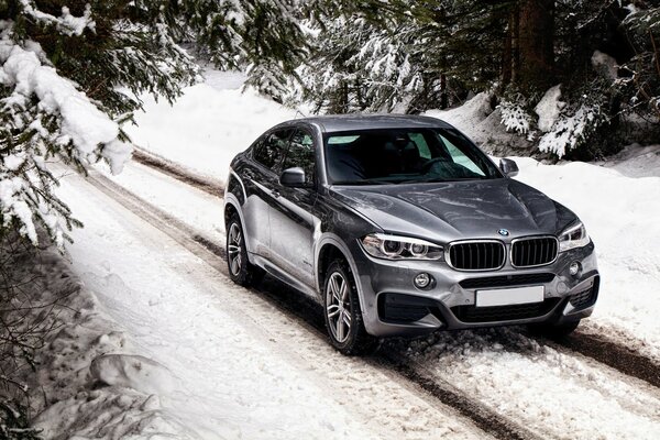 Ein BMW x6f16 bewegt sich auf einer verschneiten Waldstraße