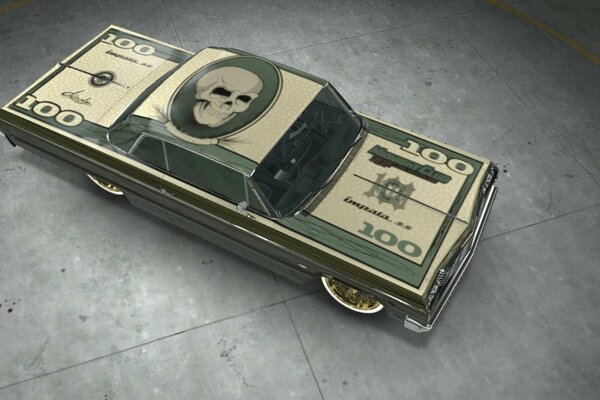 A retro car painted to look like a hundred-dollar bill