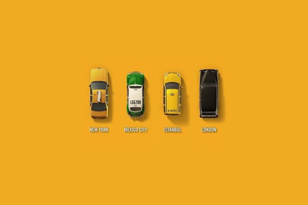 The color of taxi cars from different countries on top