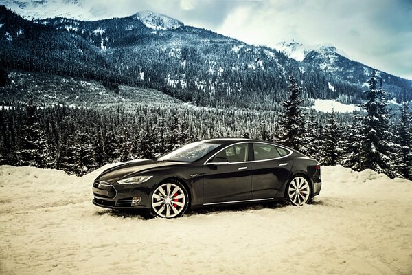 2014, tesla, model S, P85D winter mountain view black color