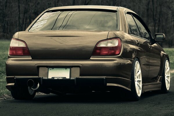 Subaru conduce en el camino al bosque