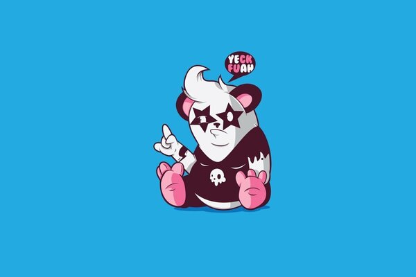 Drawing of a panda in a black T-shirt on a blue background