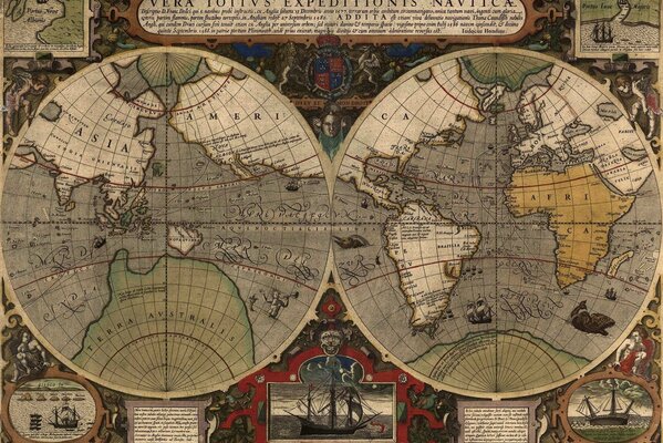 Old map of the world in hemispheres