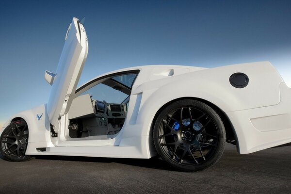 Ford Mustang blanco como la nieve en el asfalto