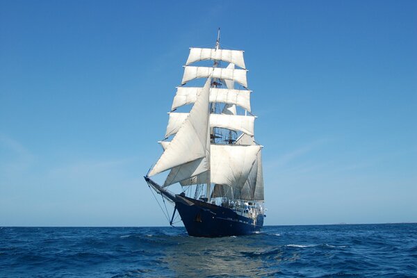 A two-masted sailboat with white sails against a background of blue sea and clear blue sky