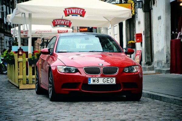 Red BMW with Polish license plates