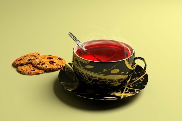 A mug of tea with cookies on a plain background