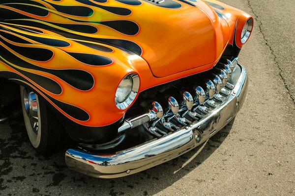 Classic retro car with fire painting