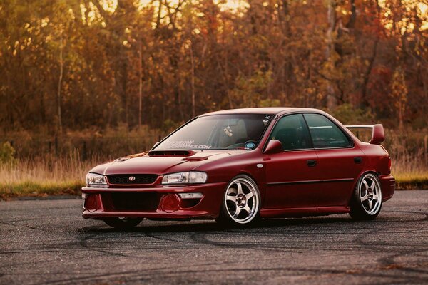 Subaru car on the background of an autumn forest