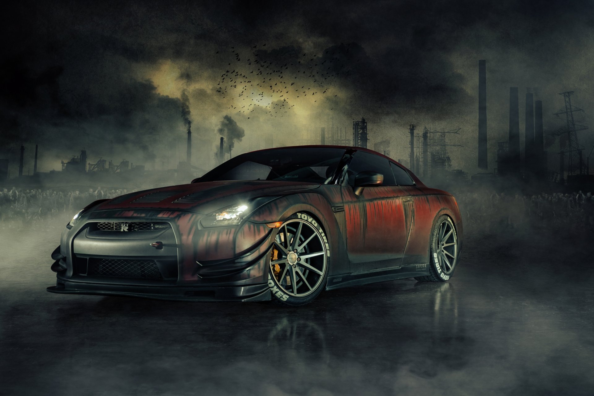 nissan r35 gt-r zombie asesino turismo muertos frente