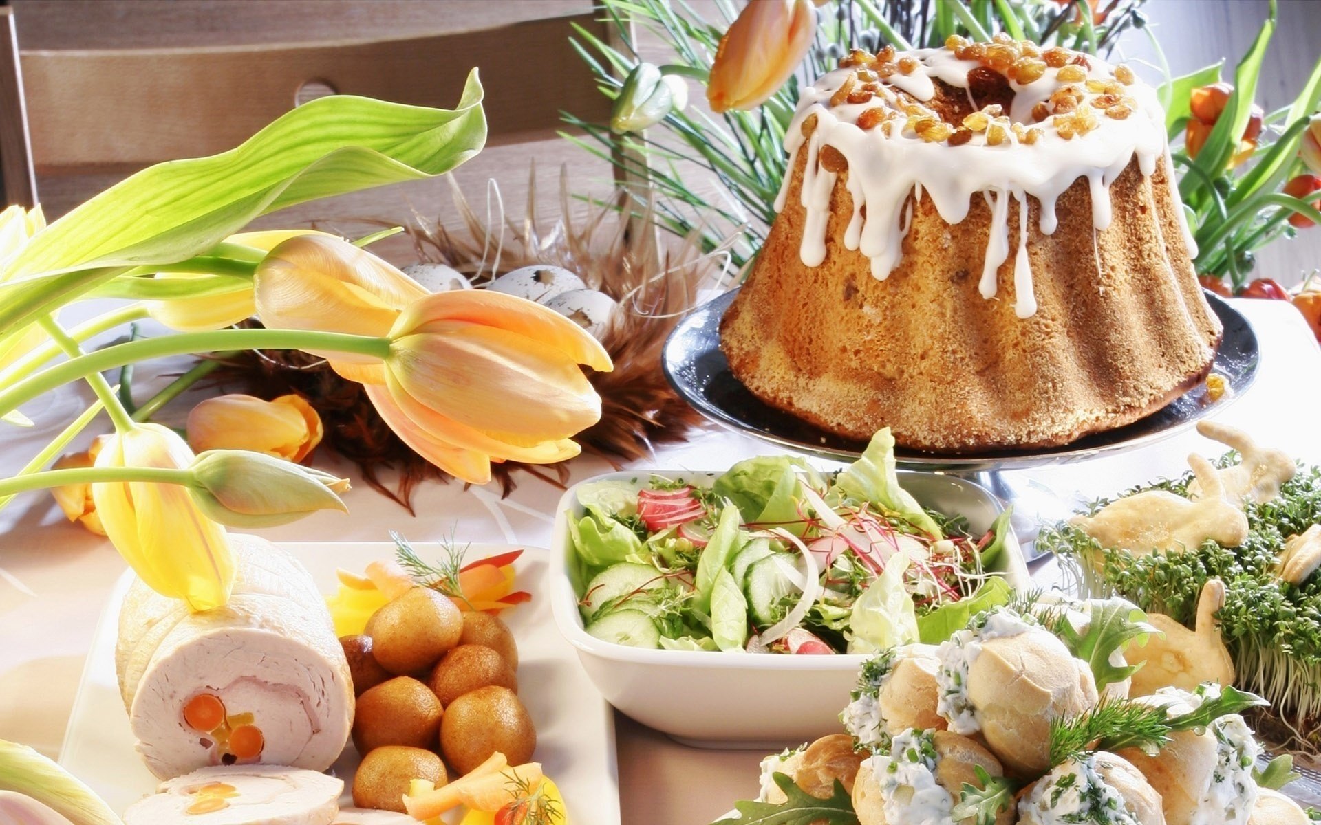 ostern essen blumen salate kuchen fest stimmung tisch fest fest salat tulpen eier schinken vorspeise cupcake