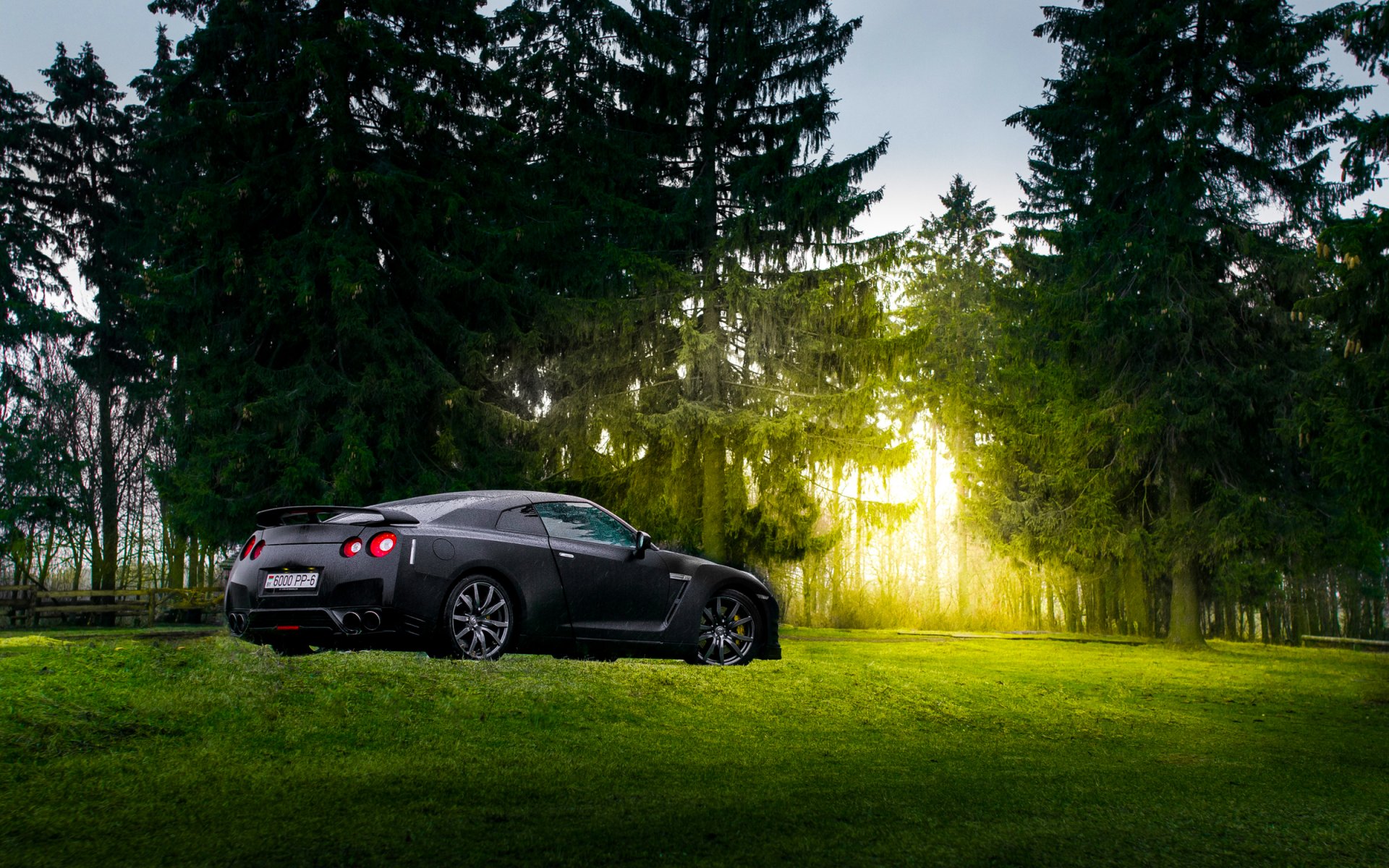 nissan gtr r35 matte black japan sport car farm forest summer sun rear